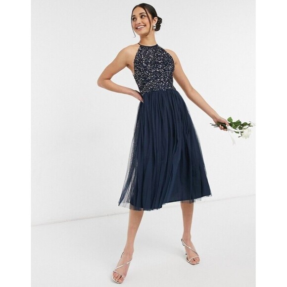 Maya Bridesmaid Halter Midi Tulle Dress with Sequins In Navy Sz 4 Wedding New - Picture 1 of 16